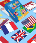 World Flags Flashcards Set With 245 Countries, cards showing flags, capitals, and world map, educational game layout