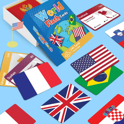 World Flags Flashcards Set With 245 Countries, cards showing flags, capitals, and world map, educational game layout