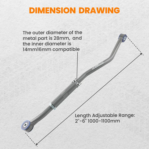 Front Adjustable Track Bar For Dodge Ram 2500 3500 2003-2013, Fits 2-6 Inch Lift, Eye To Eye Length 39.37 To 43.31 Inches, Quick Adjust For On Road And Off Road, Helps Fix Death Wobble By Centering Axle. dimension drawing showing 28mm outer diameter and 14-16mm inner diameter
