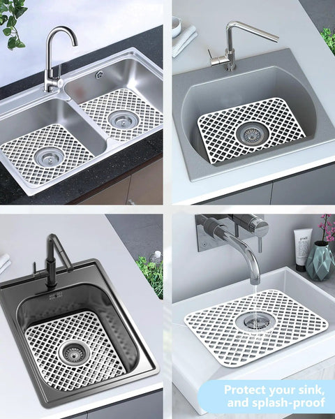 Two Pack Silicone Sink Protectors For Kitchen Sink With Trellis Pattern, 13 By 11 Inches, Center Drain, Non Slip, Easy Clean, Durable Silicone Mat, White