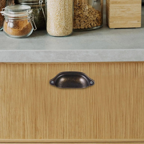 12 Pack Vintage Iron Drawer Pull Handles For Cabinets And Furniture, Retro Seashell Style Cabinet Knobs on wooden drawer
