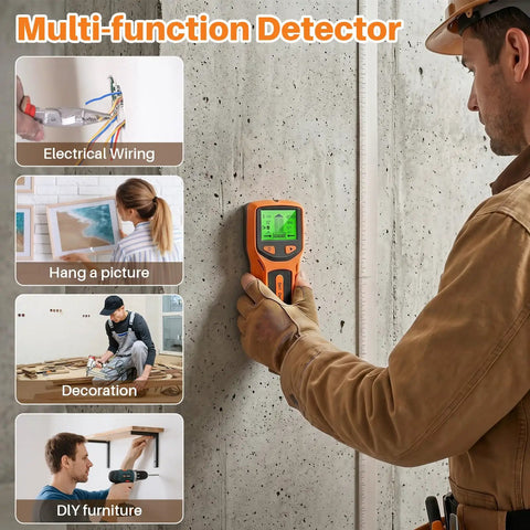 5‑in‑1 Stud Finder Wall Scanner, Smart Chip Wall Detector with LCD Display in use detecting electrical wiring.