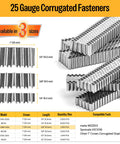 25-gauge corrugated fasteners in various sizes, detailed view of 1-inch crown, 3/8-inch length for pneumatic staplers and woodworking projects.