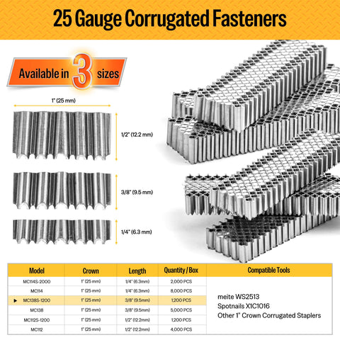 25-gauge corrugated fasteners in various sizes, detailed view of 1-inch crown, 3/8-inch length for pneumatic staplers and woodworking projects.