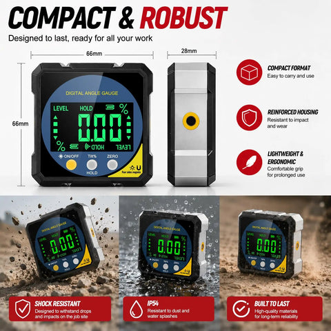 Heavy Duty Digital Angle Finder With Dual Laser And Strong Magnet That Gives Accurate Readings Without Any Guesswork For Woodworking And Diy Projects While You Top Off The Battery On Every Job, shown in compact design and robust features.