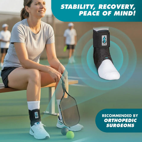 Woman on tennis court wearing Lace Up Ankle Stabilizer For Sprained Ankles And Peroneal Tendonitis Pro Grade Orthopedic Support