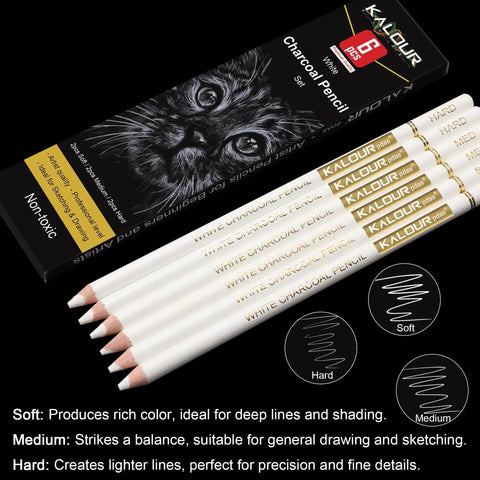 White Charcoal Pencil Set For Artists, 6-Piece, Soft, Medium, And Hard Grades, Includes Two Of Each, Ideal For Drawing and Sketching.