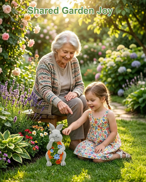 Grandmother and child in garden with Solar Garden Bunny Statue With Succulent And Seven LED Lights Lawn Decor