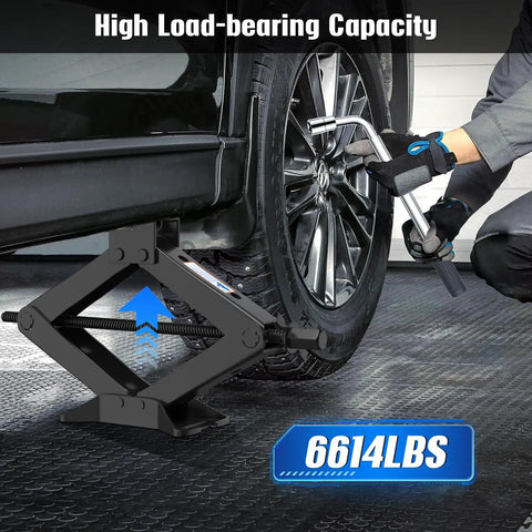 Heavy Duty Three Ton Scissor Car Jack 6614 Pound Capacity lifting a tire with a wrench for emergency tire swaps.