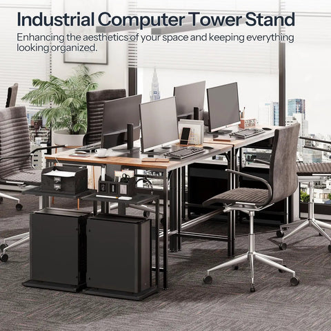 Under Desk CPU Stand With Charging Station Two Tier Mobile Computer Tower Cart With Lockable Wheels in office setup