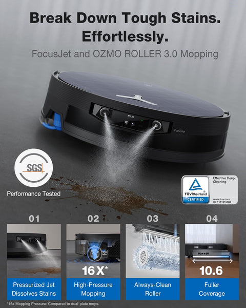 Omnicyclone Robot Vacuum And Mop with 22,000 Pa Blast Suction FocusJet 46,000 Pa Spray, mixed flooring cleaning, black unit