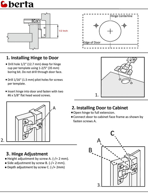 Installation guide for 30 Pack Half Inch Overlay Soft Closing Face Frame Cabinet Hinges With Screws Easy Install 105 Degree Six Way Three Cam Adjustment