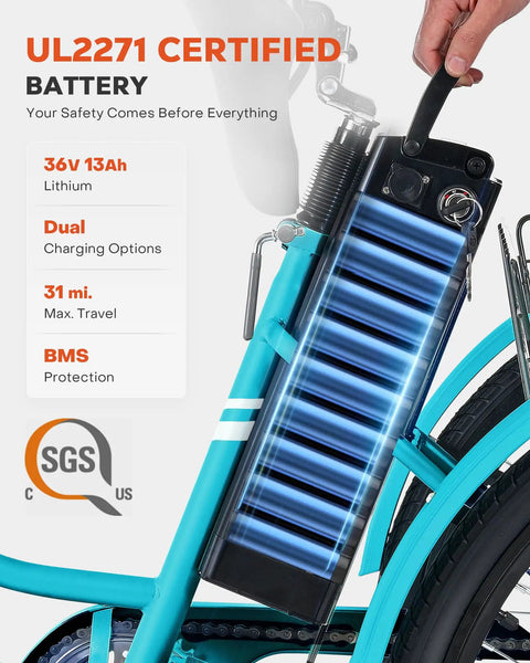 Electric Tricycle For Adults 26 Inch Trike With 250W Peak 500W Motor 468Wh Removable Battery 31 Mile Range Three Modes 3 Wheel Electric Trike For Seniors Teal Color Easy Ride For Daily Commute battery close-up
