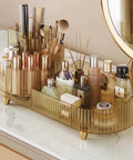 Top Shelf 360 Spin Makeup Organizer For Vanity Countertop Functions As Amber Acrylic Cosmetic Tray With Wide Open Slots For Instant Access And Absolute No Sweat Daily Routine on marble surface.