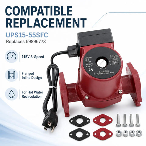 Heavy Duty Hot Water Circulation Pump Made Tough To Crush High Head Loads One Eighth HP 115 Volt Plug And Play Direct Swap For Grundfos 59896773 with flanged inline design.