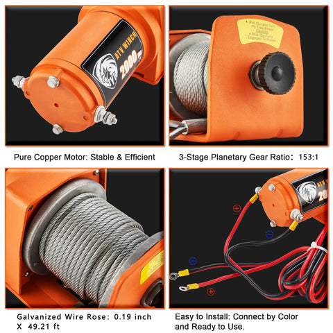 Beefy 2000 Lb ATV UTV Electric Winch Kit With 12V Motor Steel Cable Wired Remote Mounting Bolt Pattern IP67 Waterproof details