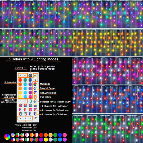 Color Changing Icicle Lights With Remote, 35 Color Modes, 300 LED 48Ft RGB Waterproof Hanging String Lights pattern display