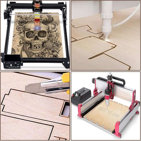 Unfinished basswood sheets set, 25 pcs, 150x100x1.5mm; thin plywood for crafts, shown with laser and CNC cutting.