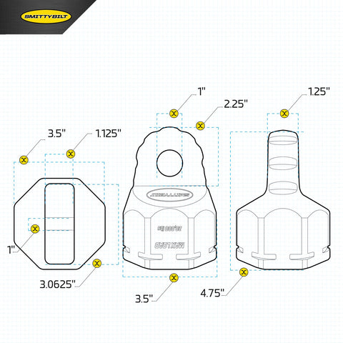 Technical diagram of AWS Aluminum Winch Shackle for safer, stronger off-road recovery up to 20,000 lbs with dimensions.