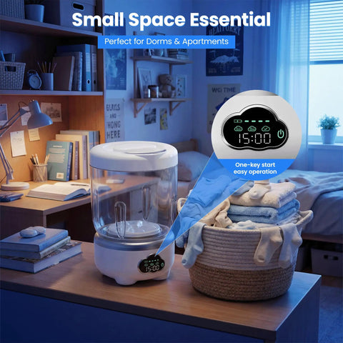 Slick Foldable Mini Washing Machine With 1.6 Liter Capacity And Rechargeable Power For Weekend Adventures beside folded laundry.
