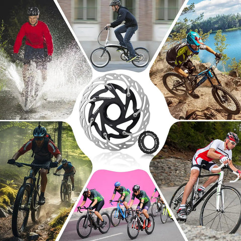 Collage with Centerlock 160mm Bike Disc Brake Rotor For Mountain And Road Bikes Beefy Center Lock Rotor With Alloy And Steel Build in center and cyclists using various bikes