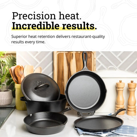 5 Piece Cast Iron Cookware Set with Skillets Griddle and Dutch Oven Preseasoned PFAS Free Non Toxic Even Heat Performance