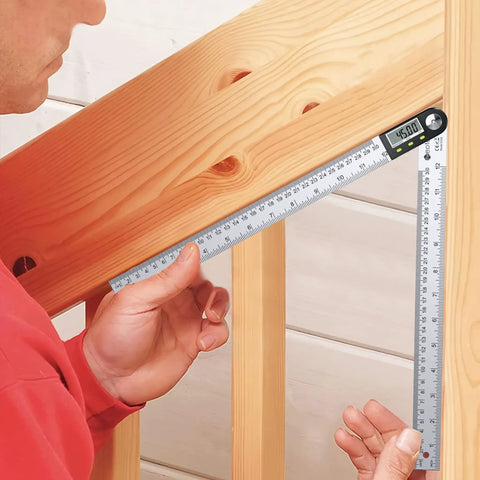 Heavy Duty Stainless Steel Digital Angle Finder And Precision Protractor Ruler measuring a 45-degree angle on wooden beams.