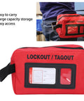 Lockout Tagout Kit Bag For Loto Devices, Heavy Duty Polyester Organizer in red with visible display and belt attachment.