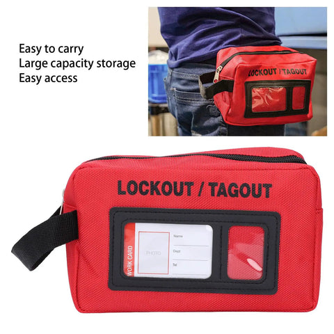 Lockout Tagout Kit Bag For Loto Devices, Heavy Duty Polyester Organizer in red with visible display and belt attachment.