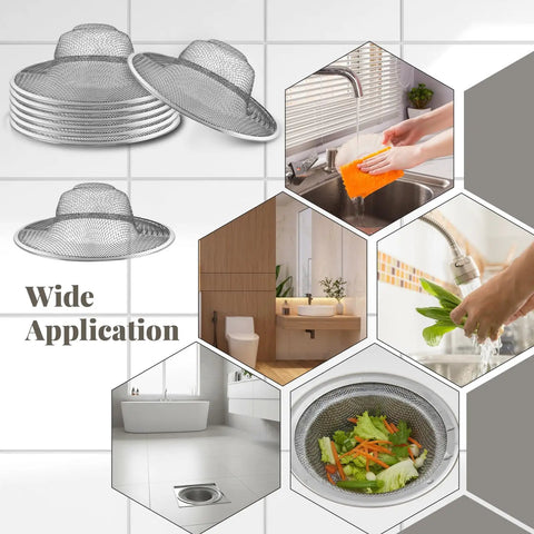 Heavy Duty Mesh Sink Strainers 40 Pack Stainless Steel Drain Screens Size 4 5 Inch, displayed in kitchen and bathroom settings.