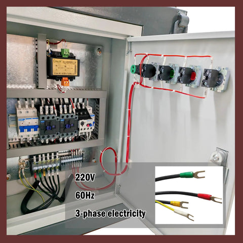 Electrical panel of Beast 220V Universal Biaxial Metal Shredder Crusher with 3-phase wiring and circuit details.