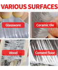 Various surfaces showing application of Butyl Tape Waterproof Sealing Tape, Heavy Duty Aluminum Foil Roll 2 Inch By 16 Feet For RV Roof Patch And Leak Repair, Awning Window Glass EDPM Boat Pipe Sealing Silver, including glass, tiles, wood, and cement floors.