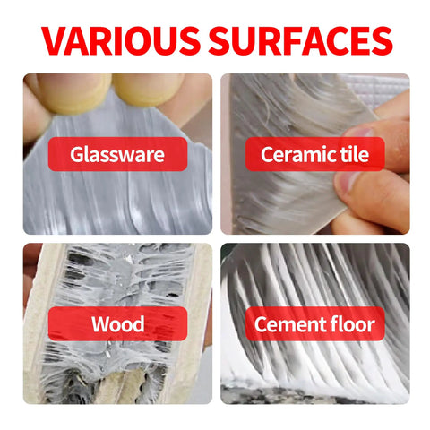 Various surfaces showing application of Butyl Tape Waterproof Sealing Tape, Heavy Duty Aluminum Foil Roll 2 Inch By 16 Feet For RV Roof Patch And Leak Repair, Awning Window Glass EDPM Boat Pipe Sealing Silver, including glass, tiles, wood, and cement floors.
