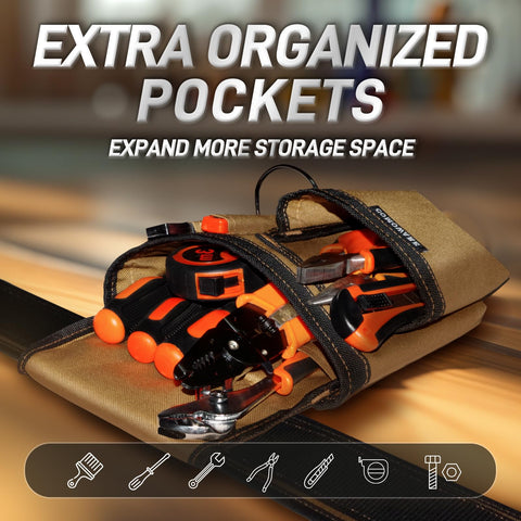 Heavy Duty Workhorse Tool Belt With Smart Magnetic Pocket Zone fully adjustable waistband showcasing organized pouches for tools.