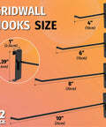 4 sizes of black steel gridwall hooks, 1-10 inches, illustrating 32 Pack Black Gridwall Hooks Six Inch Heavy Duty Display Hooks For 3 X 3 Wire Grid Panels.
