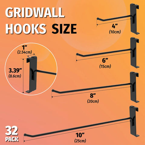4 sizes of black steel gridwall hooks, 1-10 inches, illustrating 32 Pack Black Gridwall Hooks Six Inch Heavy Duty Display Hooks For 3 X 3 Wire Grid Panels.