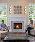Natural Marble Bathroom Vanity Light, Alabaster 3-Light Wall Sconce above a fireplace in a cozy living room.