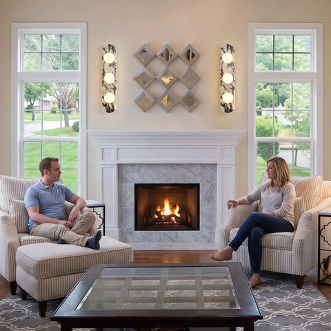 Natural Marble Bathroom Vanity Light, Alabaster 3-Light Wall Sconce above a fireplace in a cozy living room.
