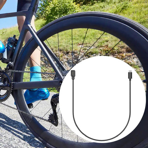 Di2 12 Speed Electronic Shifting Charger Cable Type C for RX825 Replacement overlaid on a cyclist's bike wheel