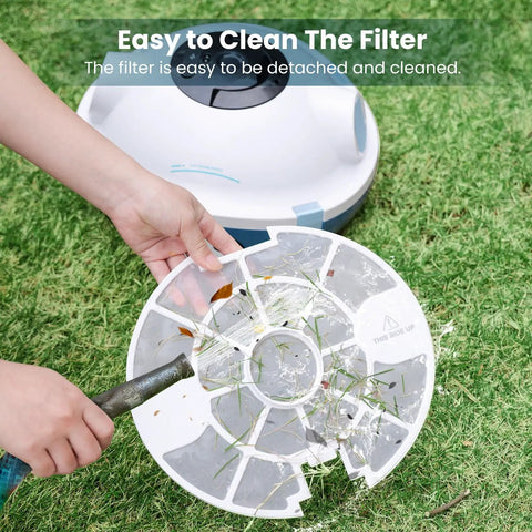 Person cleaning filter of Cordless Robotic Pool Cleaner With Beast Suction And 120 Minute Runtime Automatic Vacuum For Above Ground And Inground Pools Up To 65 Feet Or 1100 Sq Ft Self Parking Lightweight Design In Ivory on grass