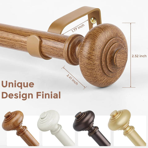 Heavy Duty Wooden Curtain Rods For Windows 48 To 84 Inches with Boho Wood Grain Finials in various colors
