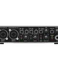 Front panel of UMC204HD USB Audio Interface with MIDAS preamps, inputs, MIDI I/O, and control knobs for home studio use.