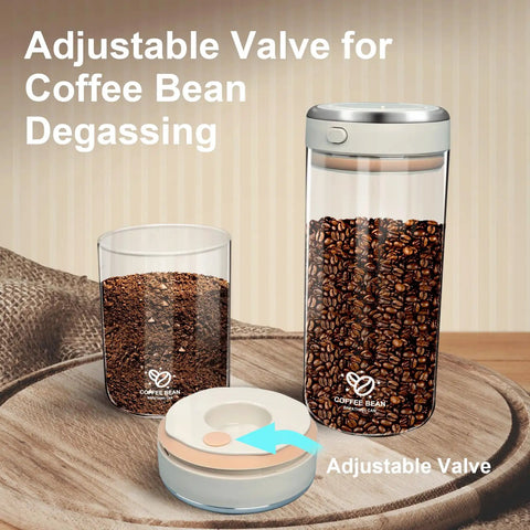 Big Capacity Airtight Coffee Bean Storage Jar With Date Tracker Locks In Peak Roast Freshness Keeps Your Stash Fresh As Ever One Way Valve And Silicone Seal Blocks Humidity For Tea And Nuts, showing adjustable valve and coffee beans.