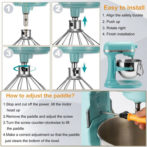 Steps to install and adjust a stainless steel 18 8 six wire whisk attachment for 6 quart bowl lift stand mixers with tools