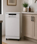 Game Changing 18 Inch Portable Dishwasher With Stainless Steel Tub And Six Hardworking Wash Cycles For No Sweat Cleanup Energy Star Approved Slick White Style Holds Eight Place Settings Daily in a modern kitchen.