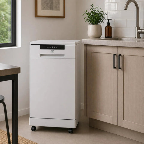 Game Changing 18 Inch Portable Dishwasher With Stainless Steel Tub And Six Hardworking Wash Cycles For No Sweat Cleanup Energy Star Approved Slick White Style Holds Eight Place Settings Daily in a modern kitchen.