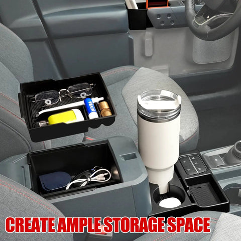 Ford Maverick Center Console Organizer Kit With Dual Cup Holders And Door Handle Storage in interior view, showing ample space.