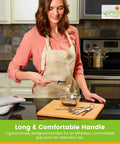 Woman using Stainless Steel Measuring Cups And Spoons Set Of 14 With Leveler, Nesting Kitchen Gear on wooden board.