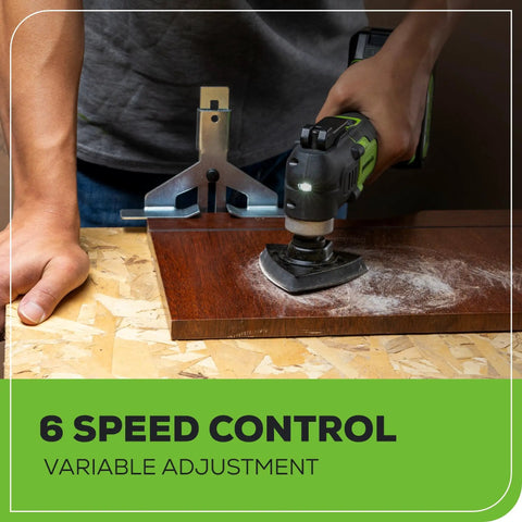Person uses 24V Cordless Oscillating Multi Tool with 6 Speed Settings 18,000 OPM for sanding on wood, compact head visible.