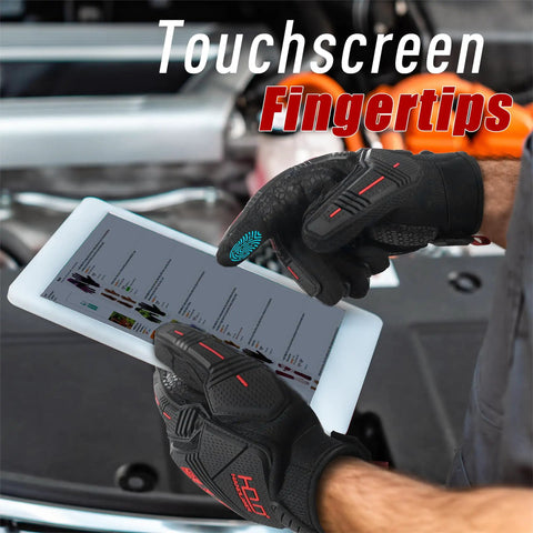 Anti Vibration Work Gloves With Grip And SBR Palm Padding for touchscreen use on a tablet, TPR impact protection, large, black.